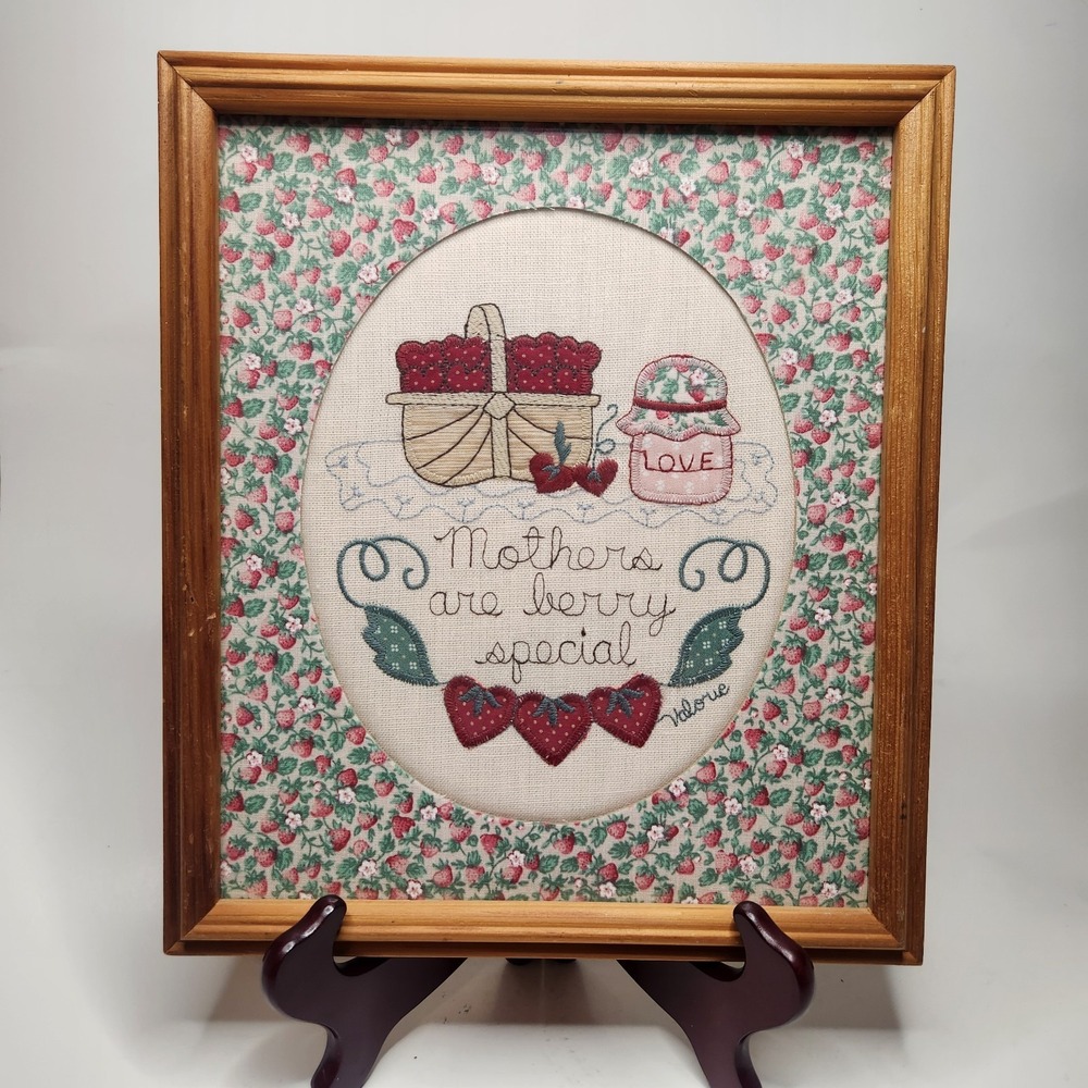 Vtg Folk Art Applique Cross Stich‎ 9 x 11 Strawberry Granny Chic Cottagecore